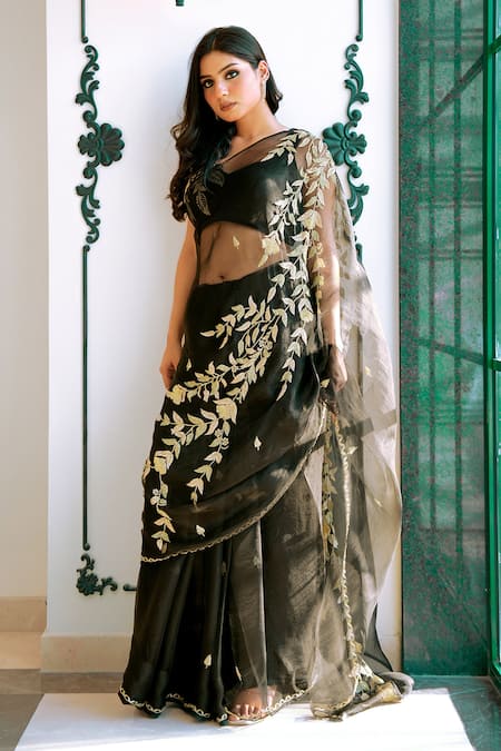 Buy Gul By Aishwarya Black Saree Silk Organza Hand Embroidered Zardosi Leaf Blouse And Set Online at Aza Fashions Buy_Gul By Aishwarya_Black Saree Silk Organza Hand Embroidered Zardosi Leaf Blouse And Set _Online_at_Aza_Fashions