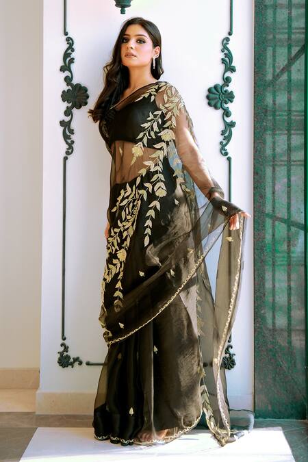 Shop Gul By Aishwarya Black Saree Silk Organza Hand Embroidered Zardosi Leaf Blouse And Set Online at Aza Fashions Shop_Gul By Aishwarya_Black Saree Silk Organza Hand Embroidered Zardosi Leaf Blouse And Set _Online_at_Aza_Fashions
