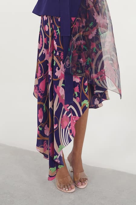 Shop Limerick By Abirr N' Nanki Blue Crepe Printed Asymmetric Skirt at Aza Fashions Shop_Limerick By Abirr N' Nanki_Blue Crepe Printed Asymmetric Skirt _at_Aza_Fashions