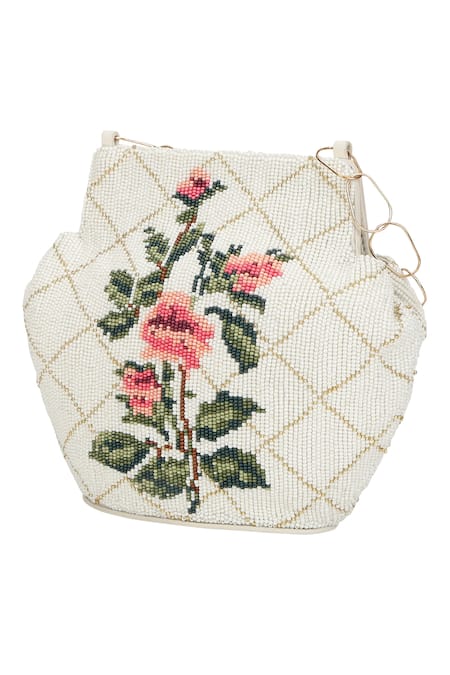 The Leather Garden_White Embroidery Dandelion Beaded Potli Bag _Online_at_Aza_Fashions