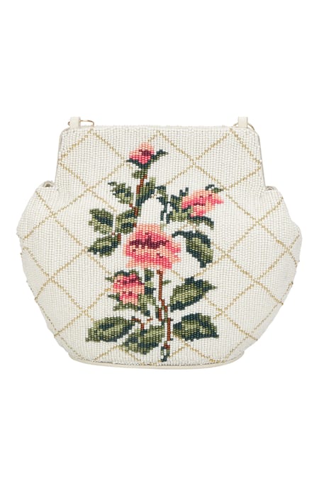 Buy_The Leather Garden_White Embroidery Dandelion Beaded Potli Bag _Online_at_Aza_Fashions