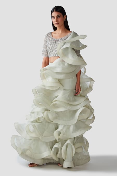 Swati Narula_Green Dania Pre-draped Ruffle Saree With Blouse _Online_at_Aza_Fashions