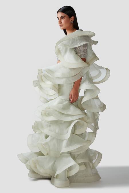 Buy_Swati Narula_Green Dania Pre-draped Ruffle Saree With Blouse _Online_at_Aza_Fashions