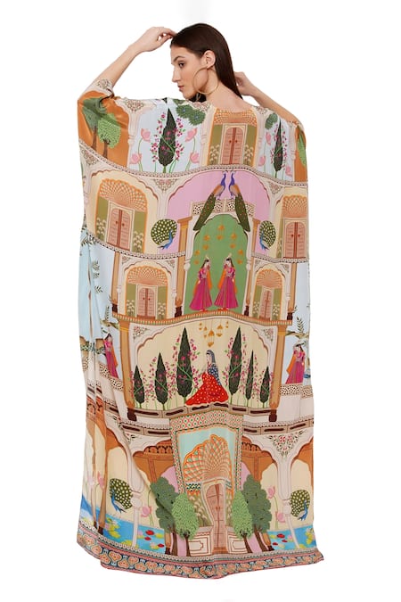 Shop Limerick By Abirr N' Nanki Multi Color Crepe Miniature Paintings Of India V Neck Danya Printed Kaftan at Aza Fashions Shop_Limerick By Abirr N' Nanki_Multi Color Crepe Miniature Paintings Of India V Neck Danya Printed Kaftan _at_Aza_Fashions