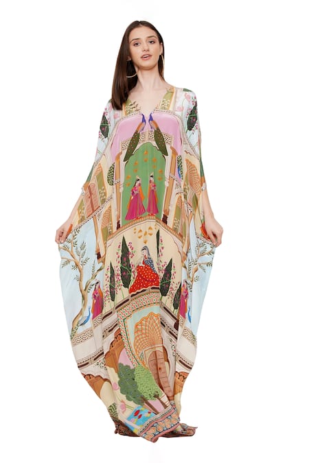 Buy Limerick By Abirr N' Nanki Multi Color Crepe Miniature Paintings Of India V Neck Danya Printed Kaftan Online at Aza Fashions Buy_Limerick By Abirr N' Nanki_Multi Color Crepe Miniature Paintings Of India V Neck Danya Printed Kaftan _Online_at_Aza_Fashions