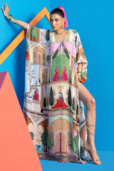 Shop Limerick By Abirr N' Nanki Multi Color Crepe Miniature Paintings Of India V Neck Danya Printed Kaftan Online at Aza Fashions Shop_Limerick By Abirr N' Nanki_Multi Color Crepe Miniature Paintings Of India V Neck Danya Printed Kaftan _Online_at_Aza_Fashions
