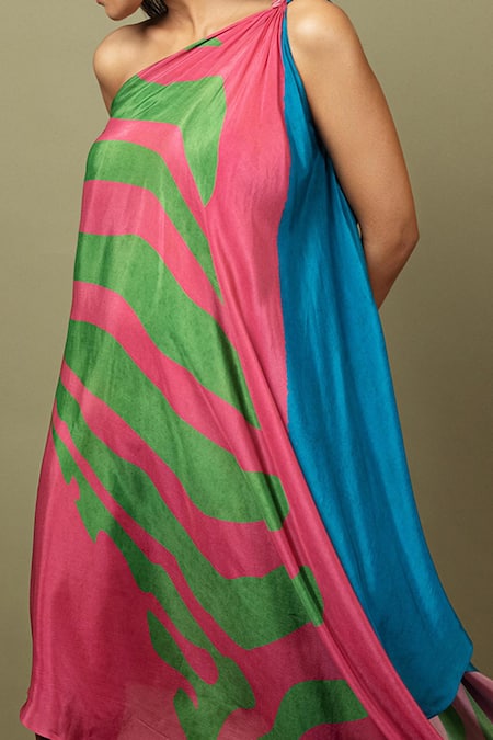 Nautanky_Blue Natural Crepe Asymmetric One Shoulder Draped Dress _at_Aza_Fashions