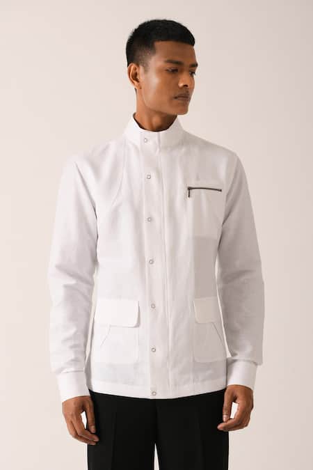 Dhruv Vaish White Cotton Linen Zipper Shirt Online at Aza Fashions Dhruv Vaish_White Cotton Linen Zipper Shirt_Online_at_Aza_Fashions