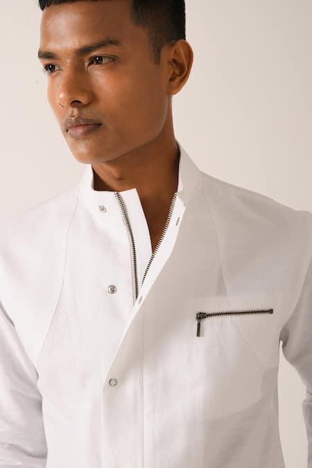 Shop Dhruv Vaish White Cotton Linen Zipper Shirt Online at Aza Fashions Shop_Dhruv Vaish_White Cotton Linen Zipper Shirt_Online_at_Aza_Fashions