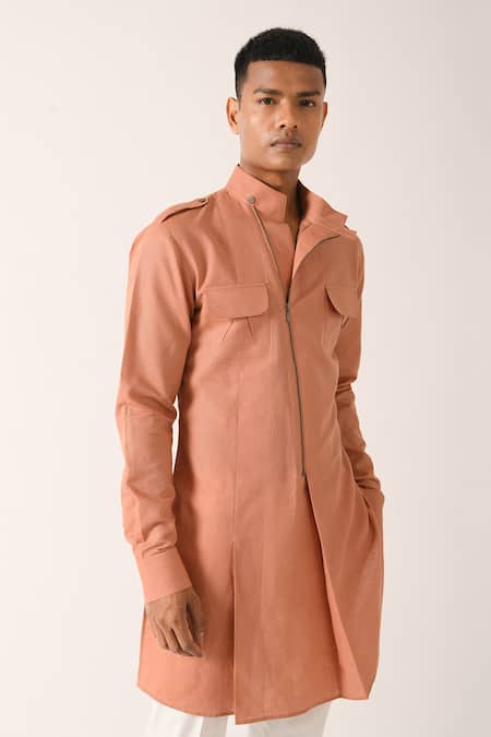 Dhruv Vaish Pink Cotton Linen Merlot Short Zipper Kurta Online at Aza Fashions Dhruv Vaish_Pink Cotton Linen Merlot Short Zipper Kurta _Online_at_Aza_Fashions