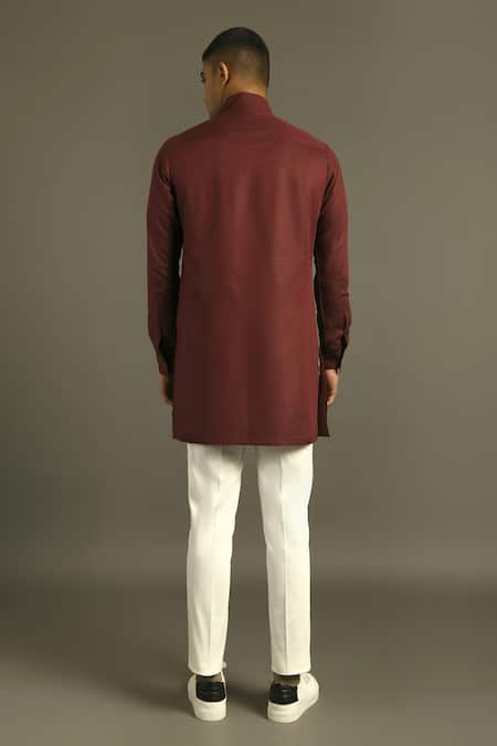 Shop Dhruv Vaish Maroon Cotton Linen Short Kurta at Aza Fashions Shop_Dhruv Vaish_Maroon Cotton Linen Short Kurta _at_Aza_Fashions