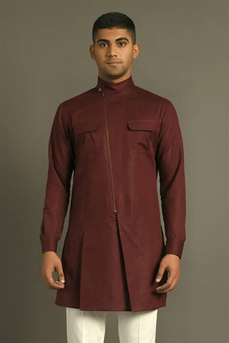 Dhruv Vaish_Maroon Cotton Linen Short Kurta _Online_at_Aza_Fashions