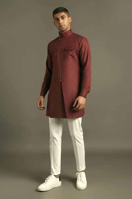 Buy Dhruv Vaish Maroon Cotton Linen Short Kurta Online at Aza Fashions Buy_Dhruv Vaish_Maroon Cotton Linen Short Kurta _Online_at_Aza_Fashions