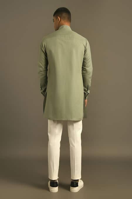 Shop Dhruv Vaish Green Cotton Linen Short Kurta at Aza Fashions Shop_Dhruv Vaish_Green Cotton Linen Short Kurta _at_Aza_Fashions