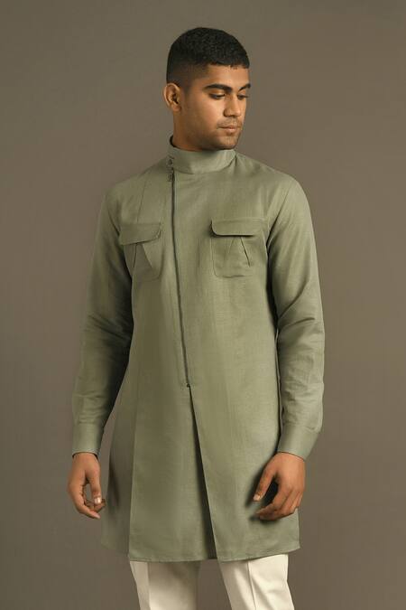 Dhruv Vaish Green Cotton Linen Short Kurta Online at Aza Fashions Dhruv Vaish_Green Cotton Linen Short Kurta _Online_at_Aza_Fashions