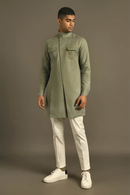 Buy Dhruv Vaish Green Cotton Linen Short Kurta Online at Aza Fashions Buy_Dhruv Vaish_Green Cotton Linen Short Kurta _Online_at_Aza_Fashions