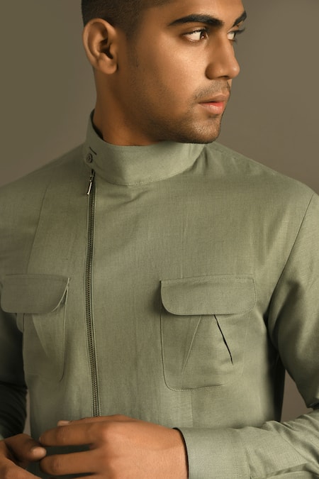 Shop_Dhruv Vaish_Green Cotton Linen Short Kurta _Online_at_Aza_Fashions