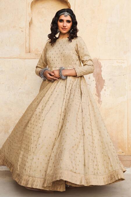 Buy_Gulabo Jaipur_Beige Cotton Silk Sequin Round Daulat Work Gown_Online_at_Aza_Fashions