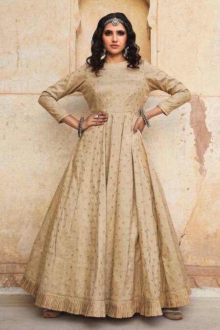 Shop_Gulabo Jaipur_Beige Cotton Silk Sequin Round Daulat Work Gown_Online_at_Aza_Fashions