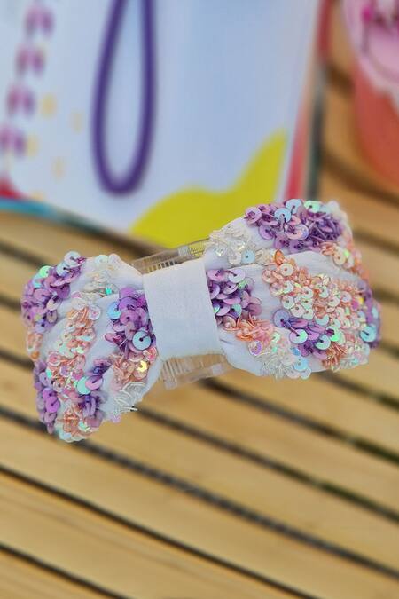 Shop_Babita Malkani_White Sequins Embellished Colorblock Turban Headband _Online_at_Aza_Fashions