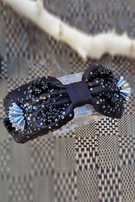 Babita Malkani_Black Sequins Embellished Turban-style Headband _Online_at_Aza_Fashions