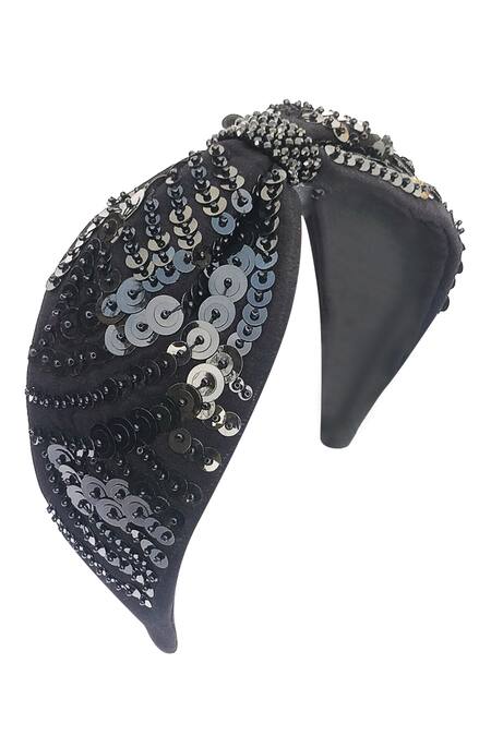 Babita Malkani_Black Sequins, Beads Embellished Turban Headband _Online_at_Aza_Fashions