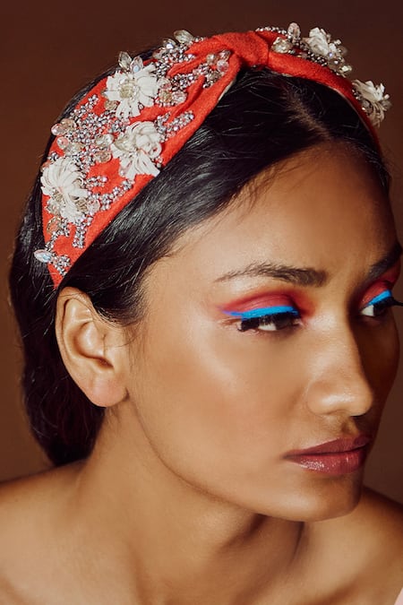 Babita Malkani Red Beads, Rhinestones Embellished Suede Turban Headband 