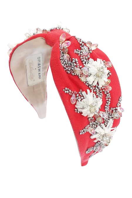 Shop Babita Malkani Red Beads, Rhinestones Embellished Suede Turban Headband at Aza Fashions Shop_Babita Malkani_Red Beads, Rhinestones Embellished Suede Turban Headband _at_Aza_Fashions