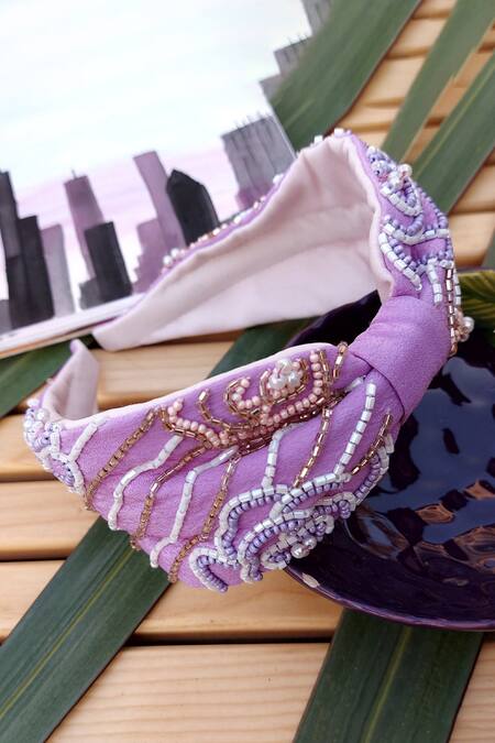 Buy_Babita Malkani_Purple Beads, Sequins Embellished Turban-style Headband _Online_at_Aza_Fashions