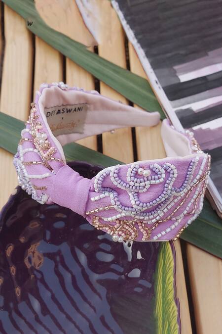 Shop_Babita Malkani_Purple Beads, Sequins Embellished Turban-style Headband _Online_at_Aza_Fashions
