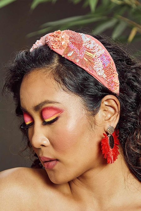 Babita Malkani Embellished Peach Colorblock Headband 