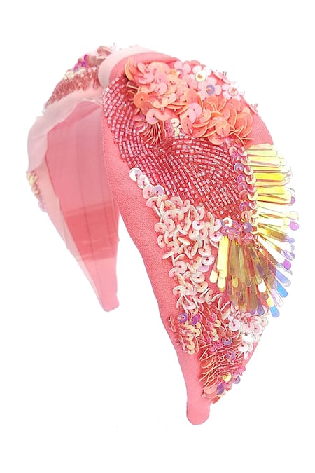 Shop Babita Malkani Peach Sequins, Feathers Embellished Colorblock Headband at Aza Fashions Shop_Babita Malkani_Peach Sequins, Feathers Embellished Colorblock Headband _at_Aza_Fashions