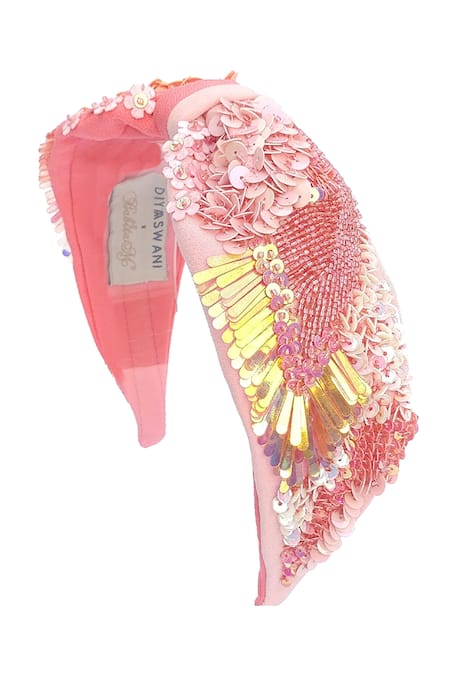 Babita Malkani Peach Sequins, Feathers Embellished Colorblock Headband Online at Aza Fashions Babita Malkani_Peach Sequins, Feathers Embellished Colorblock Headband _Online_at_Aza_Fashions