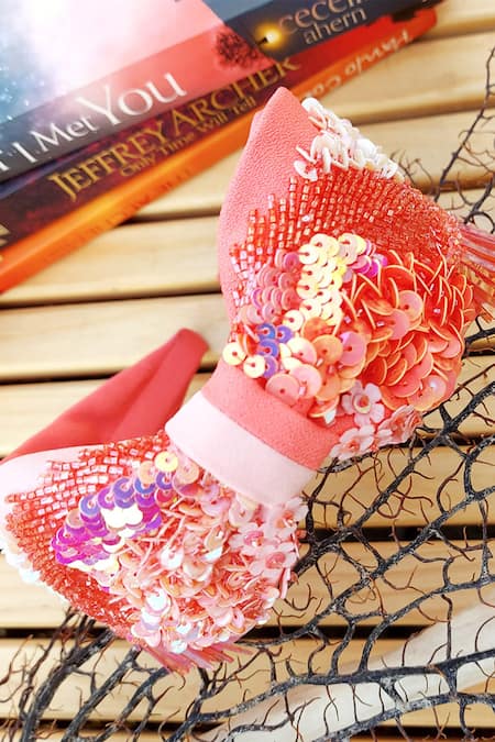 Buy Babita Malkani Peach Sequins, Feathers Embellished Colorblock Headband Online at Aza Fashions Buy_Babita Malkani_Peach Sequins, Feathers Embellished Colorblock Headband _Online_at_Aza_Fashions
