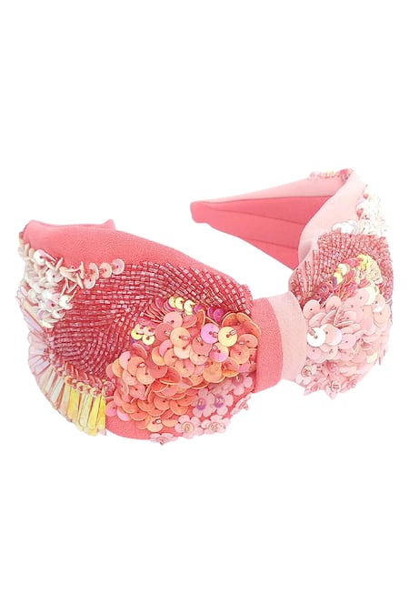 Shop Babita Malkani Peach Sequins, Feathers Embellished Colorblock Headband Online at Aza Fashions Shop_Babita Malkani_Peach Sequins, Feathers Embellished Colorblock Headband _Online_at_Aza_Fashions