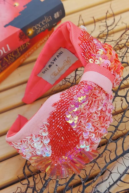 Babita Malkani Peach Sequins, Feathers Embellished Colorblock Headband at Aza Fashions Babita Malkani_Peach Sequins, Feathers Embellished Colorblock Headband _at_Aza_Fashions