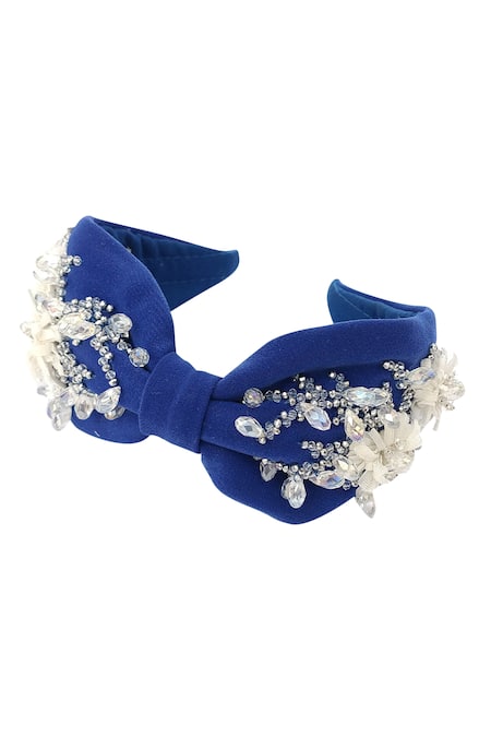 Babita Malkani_Blue Beads, Embroidery Embellished Suede Turban-style Headband _Online_at_Aza_Fashions