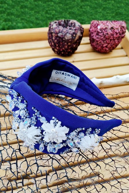 Shop_Babita Malkani_Blue Beads, Embroidery Embellished Suede Turban-style Headband _Online_at_Aza_Fashions