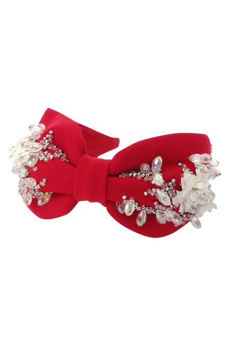 Shop_Babita Malkani_Red Beads, Embroidery Embellished Floral Headband _Online_at_Aza_Fashions