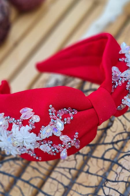 Babita Malkani_Red Beads, Embroidery Embellished Floral Headband _at_Aza_Fashions