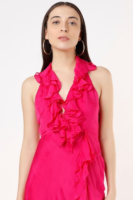 Deme By Gabriella_Pink Chiffon V Neck Slit Ruffle Gown _Online_at_Aza_Fashions