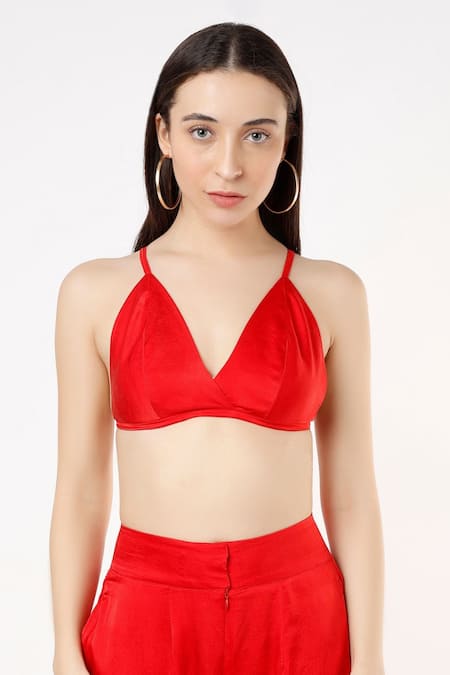 Buy Red Satin Plain V Neck Bralette With Pant Set For Women by