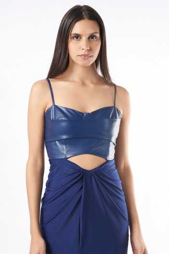 Deme By Gabriella_Blue Leather, Lycra Scoop Neck Bustier Dress_Online_at_Aza_Fashions