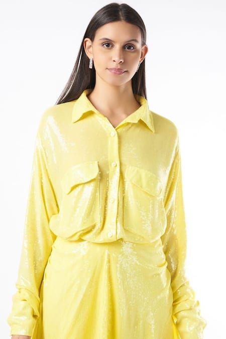 Deme By Gabriella_Yellow Crepe Sequins Collared Neck Shirt And Skirt Set_Online_at_Aza_Fashions