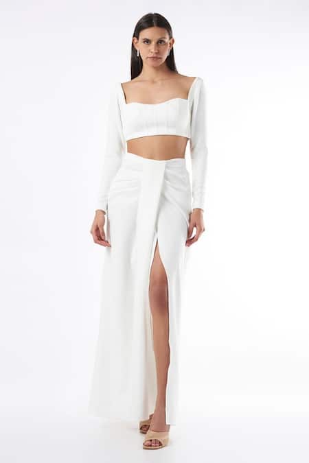 Buy White Mercedes Plain Sweetheart Neck Corset Top And Draped Skirt Set  For Women by Deme by Gabriella Online at Aza Fashions.