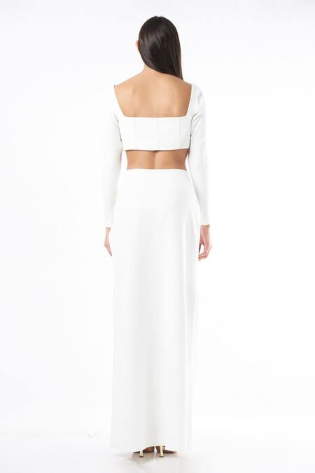 Deme by Gabriella - White Mercedes Plain Sweetheart Neck Corset Top And  Draped Skirt Set For Women