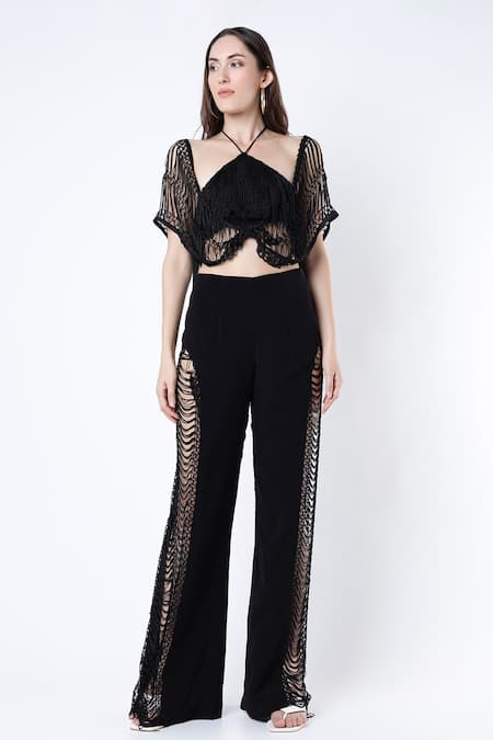 Deme By Gabriella Black Crepe Silk Halter Tasselled Crop Top And Pant Set