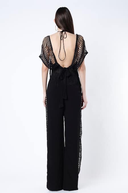 Shop Deme By Gabriella Black Crepe Silk Halter Tasselled Crop Top And Pant Set at Aza Fashions Shop_Deme By Gabriella_Black Crepe Silk Halter Tasselled Crop Top And Pant Set _at_Aza_Fashions