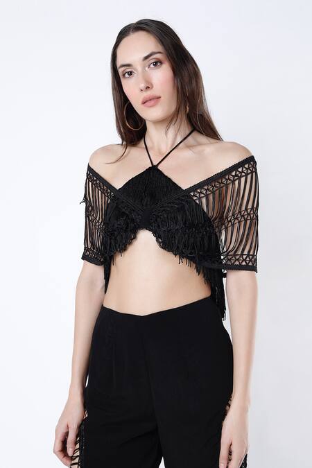 Deme By Gabriella Black Crepe Silk Halter Tasselled Crop Top And Pant Set Online at Aza Fashions Deme By Gabriella_Black Crepe Silk Halter Tasselled Crop Top And Pant Set _Online_at_Aza_Fashions