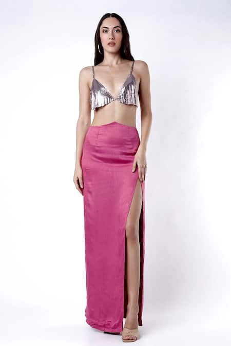 Deme By Gabriella Pink Top Chain Mail Skirt Satin Plunge V Neck Crop And Set